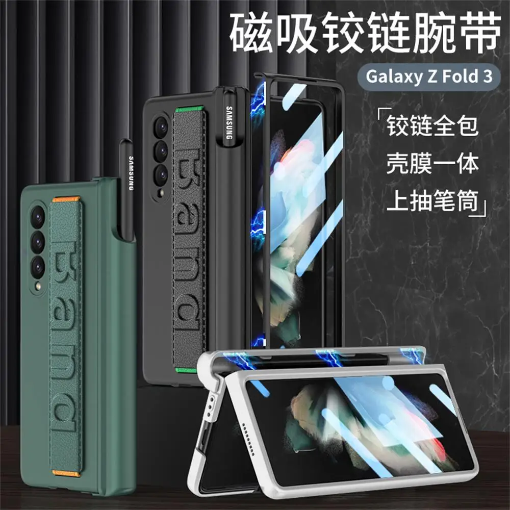 

Чехол для Samsung Galaxy Z Fold 3, роскошный наручный держатель для ручек, магнитная зеркальная пленка на петлях, полноразмерный противоударный чехол без ручки