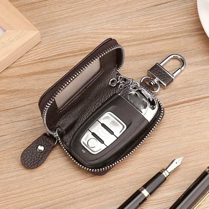 Korean Style Multi-Color Soft Leather Zipper Car Key Case with Transparent Window
