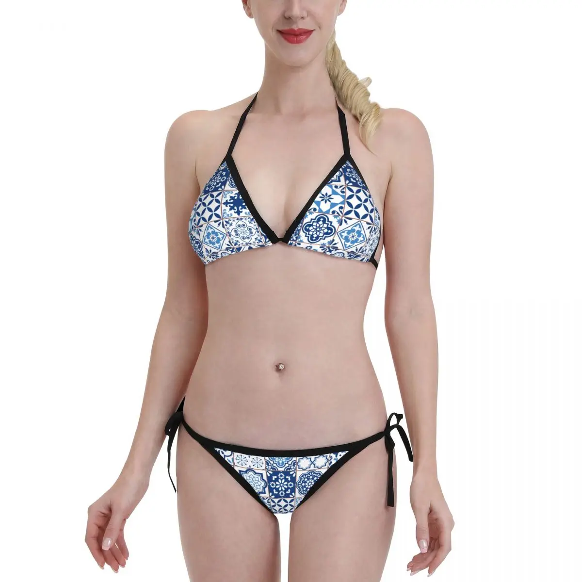

Summer Sexy Bodysuit Blue Mexican Decor Tiles Bikini Set Women Swimsuit Thong Bathing Suit Beachwear Set