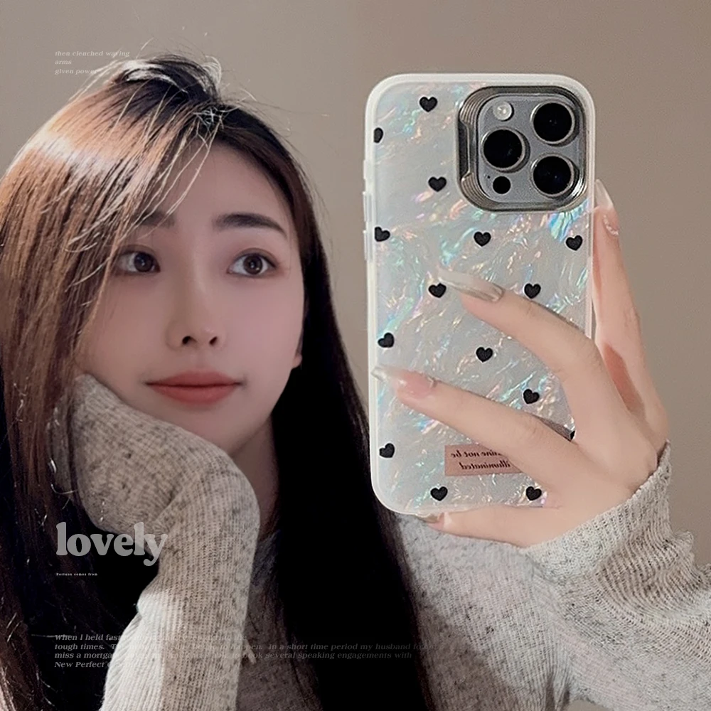 Korea INS Full Screen Black Love Heart Laser Phone Case for iPhone 15 14 13 Pro Max Pro 12 11 Back Cover