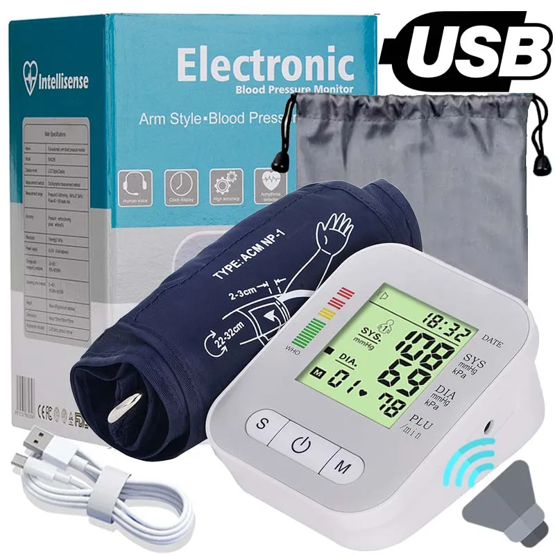 English Voice Blood Pressure Monitor Upper Arm Automatic Tonometer Blood Pressure Meter BP Sphygmomanometer LCD & Cuff Medical