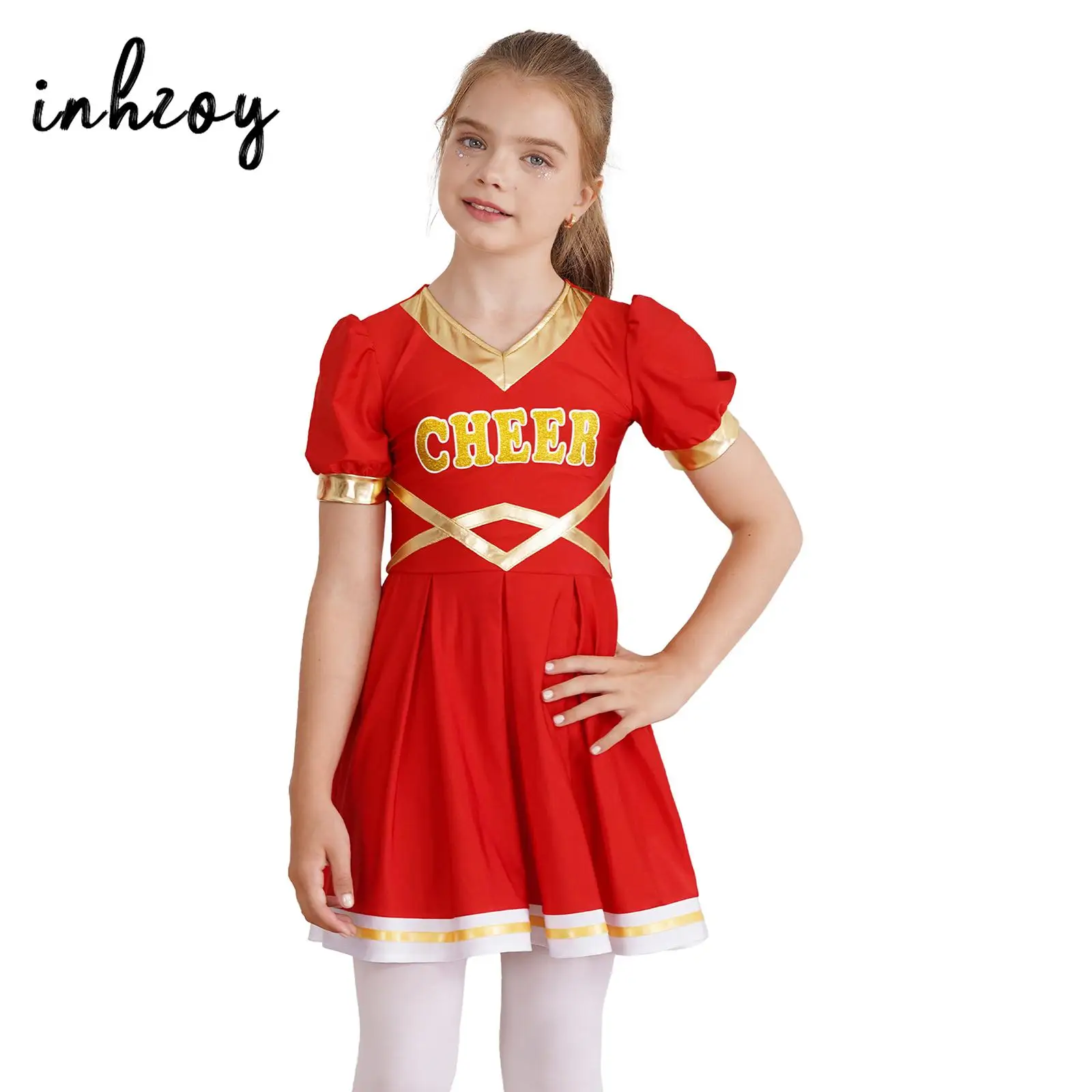 

Kids Girls Cheerleader Dance Costume Puff Sleeve Cheerleading Dress Uniform Halloween Carnival Cosplay Cheer Performance Outfit