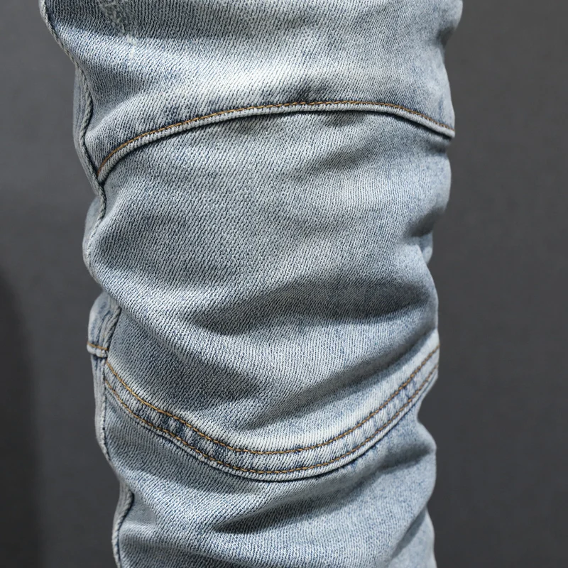 High Street Fashion Men Jeans Retro Light Blue Elastic Skinny Spliced Designer Biker Jeans Patched Designer Hip Hop Pants Hombre