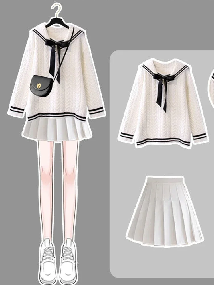 

Женский костюм большого размера для женщин осень/зима 2023 вязаные свитеры плиссированная юбка комплект из двух предметов Корейская одежда в стиле преппи