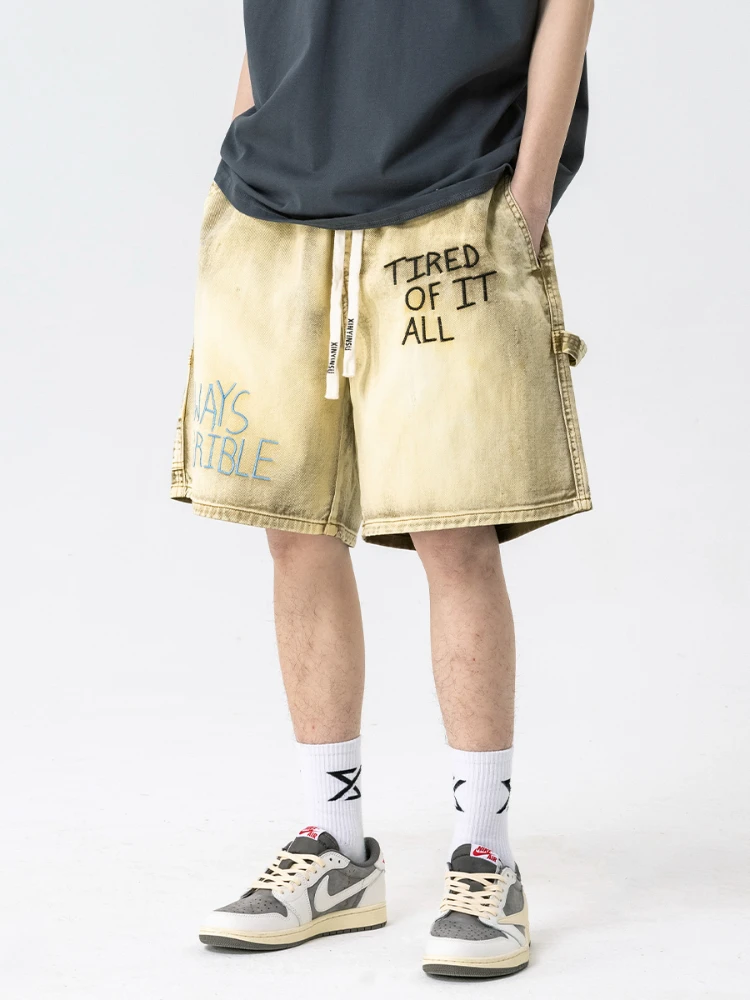 Five-Point Shorts Embroidered Distressed Loose Denim Cotton Men's and Women's Same Casual Fashion Loose Straight Summer Trendy