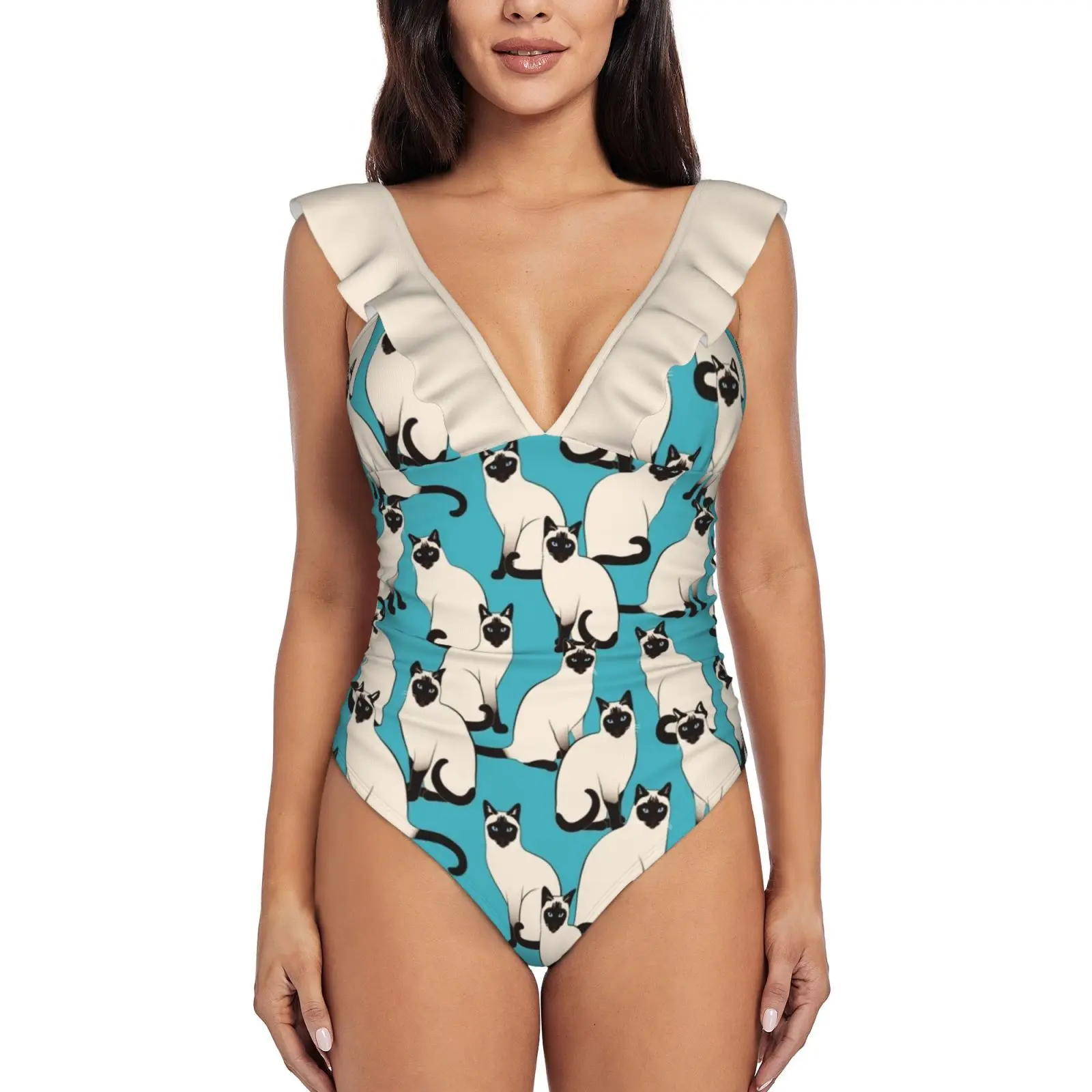 Siamese Cats Dense On Turquoise One-Piece Swimsuit Women Ruffle Bathing Suits New Girl Beach Swimwear Pattern Turquoise Siamese