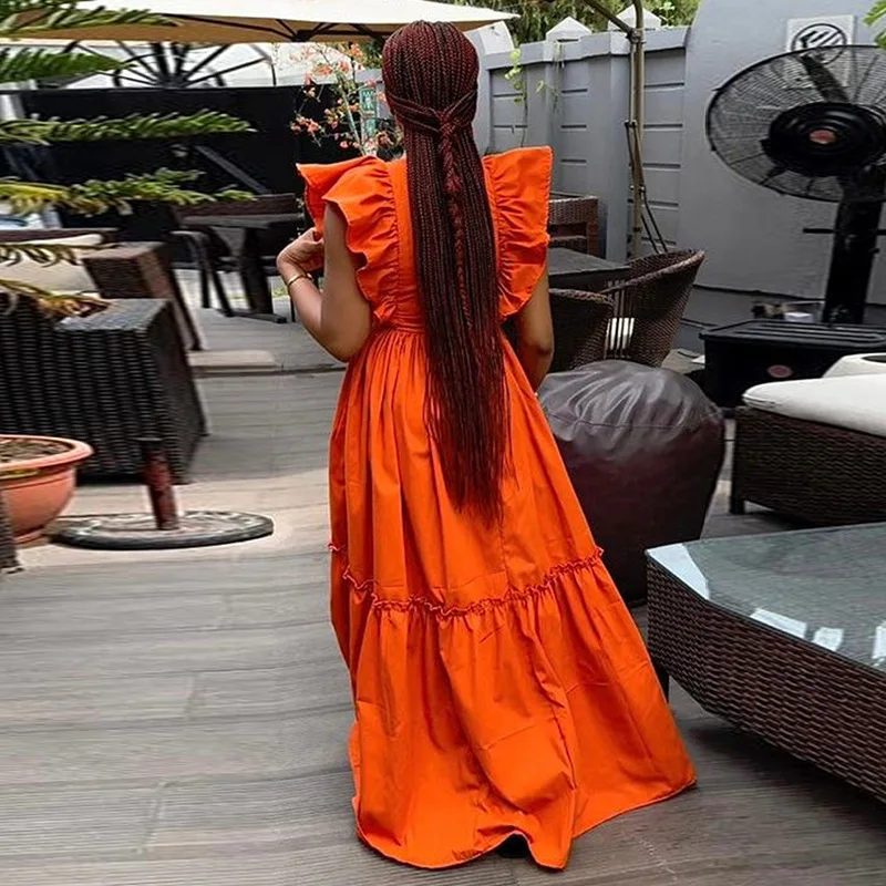 strapless open back dress Orange Abstract Print Rayon Maxi Dress - Casual Dresses