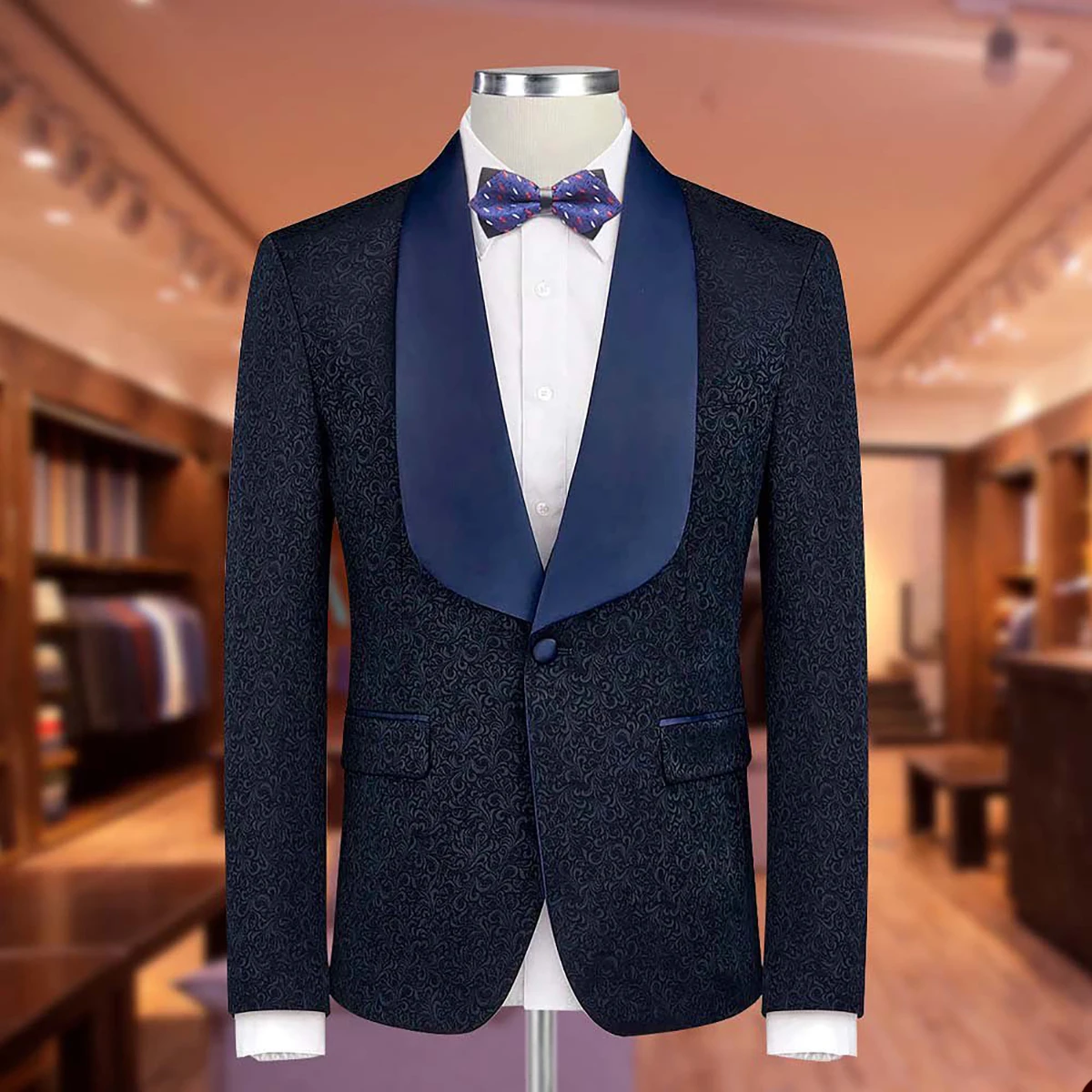 

Wedding Tuxedos Men Suits Handsome Jacquard Pattern Shawl Lapel One Button Pockets Customized Coat Vest Normal Pants Groom Party