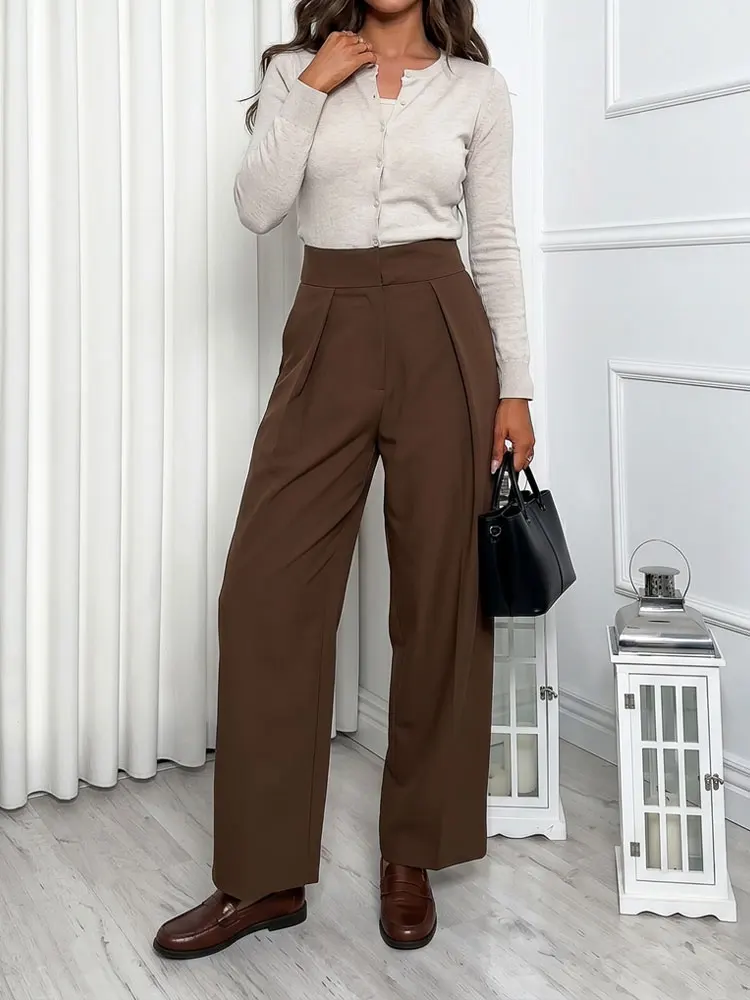 HH Woman Fashion Brown Pants High Waist Casual Street Spring Solid Zipper Fly Versatile Bottoms Office Lady Trousers