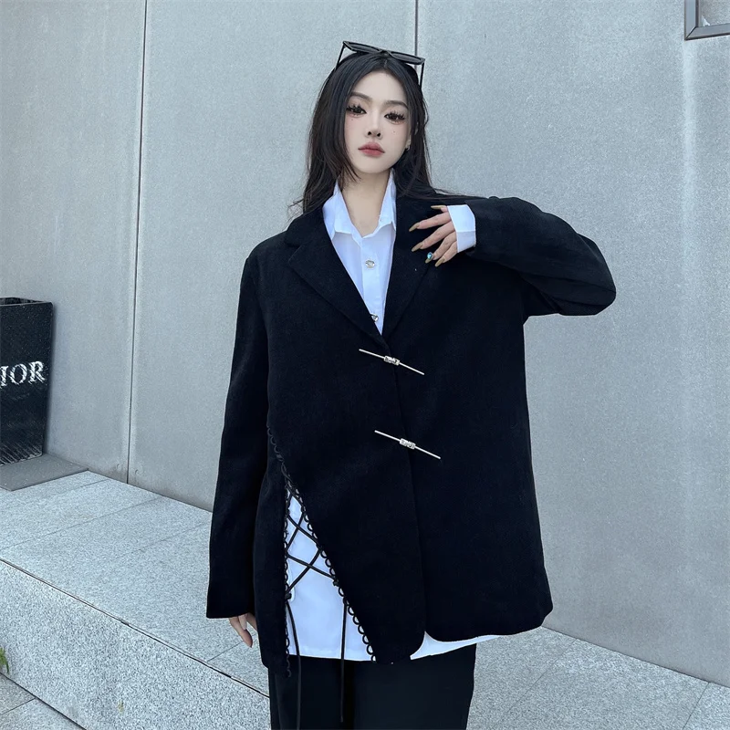 Black Suit Jacket For Women In Autumn Asymmetric Strap Design Split Cut Women Blazer Suit
