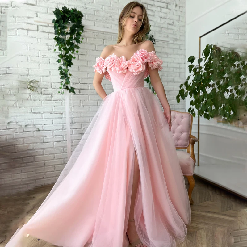 

Off Shoulder Flowers Slit Tulle Zipper Floor-Length A-Line Prom Gown Evening Dress Vestidos De Noche
