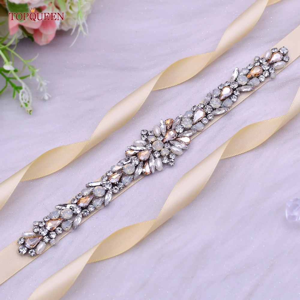 TOPQUEEN S57 Bridal Dress Belt Champagne Rhinestone Opal Sash Wedding Accessories Women Formal Evening Skirt Waistband Handmade