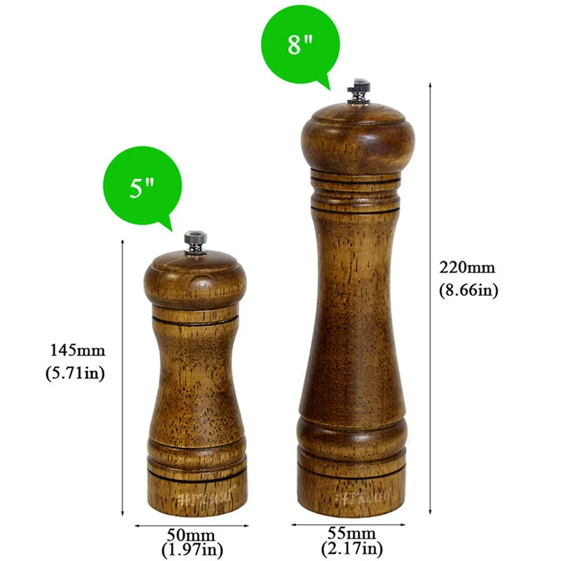 Classic Oak Wooden Pepper Spice Grinder Hand Mill Salt Grain Malt Seasoning and Pepper 8 inch Wood Grinder for KItchen Tools