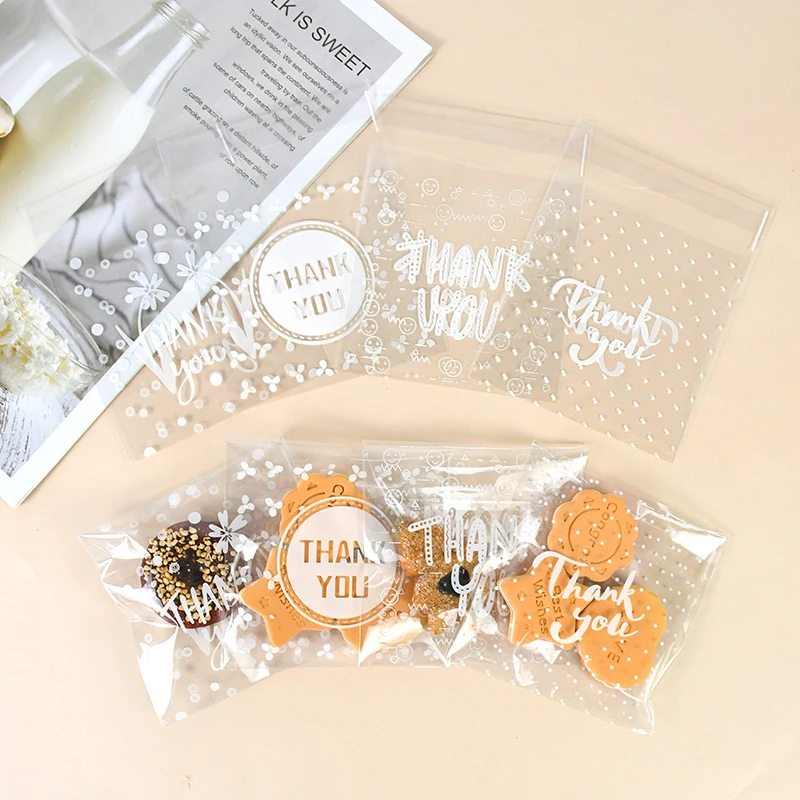 

100pcs Plastic Transparent Bags Thank You Cookie Candy Bag Self-Adhesive for Wedding Birthday Party Biscuit Gifts Packaging Bags