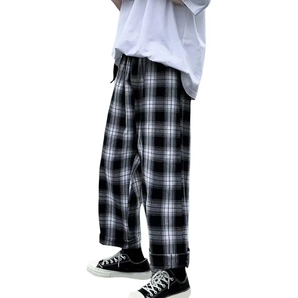 Autumn Men Pants Plaid Streetwear Wide Leg Elastic Waist Loose Sports Pants Trousers Checkered Wide Leg Pants for Travel 6