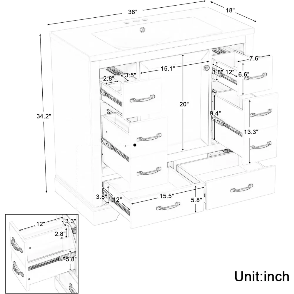 36 Inch Bathroom Sink with Sink, Standalone Single Basin Sink Set, Cabinet with 6 Drawers and Adjustable Shelves 3