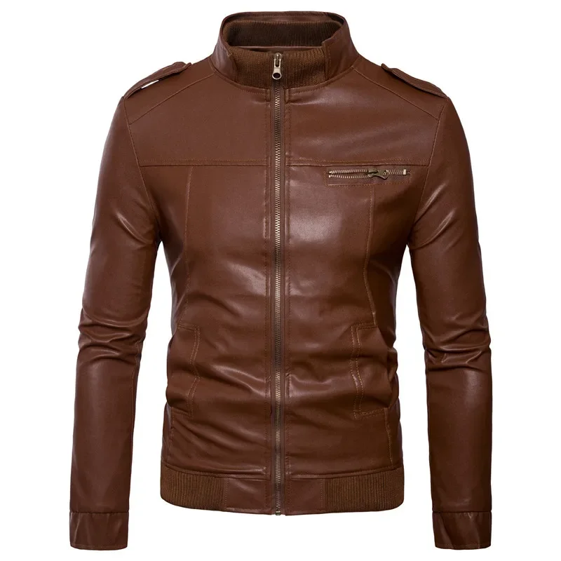 

New Men's Winter Leather Jacket Motorcycle Coat Lining With Velvet Stand Collar Air Force Casual Faux PU Brown Windbreaker S-3XL