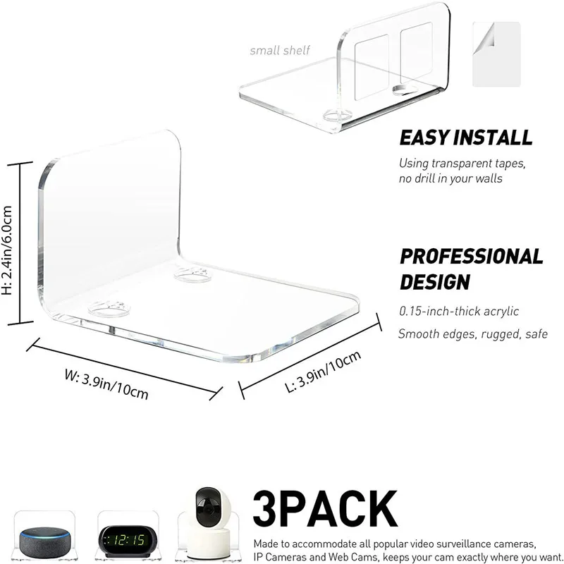 3PCS Surveillance Camera Shelf Acrylic Adhensive Wall Mount Stand Storage Rack for Small Items in Living Room Bathroom Bedroom 2