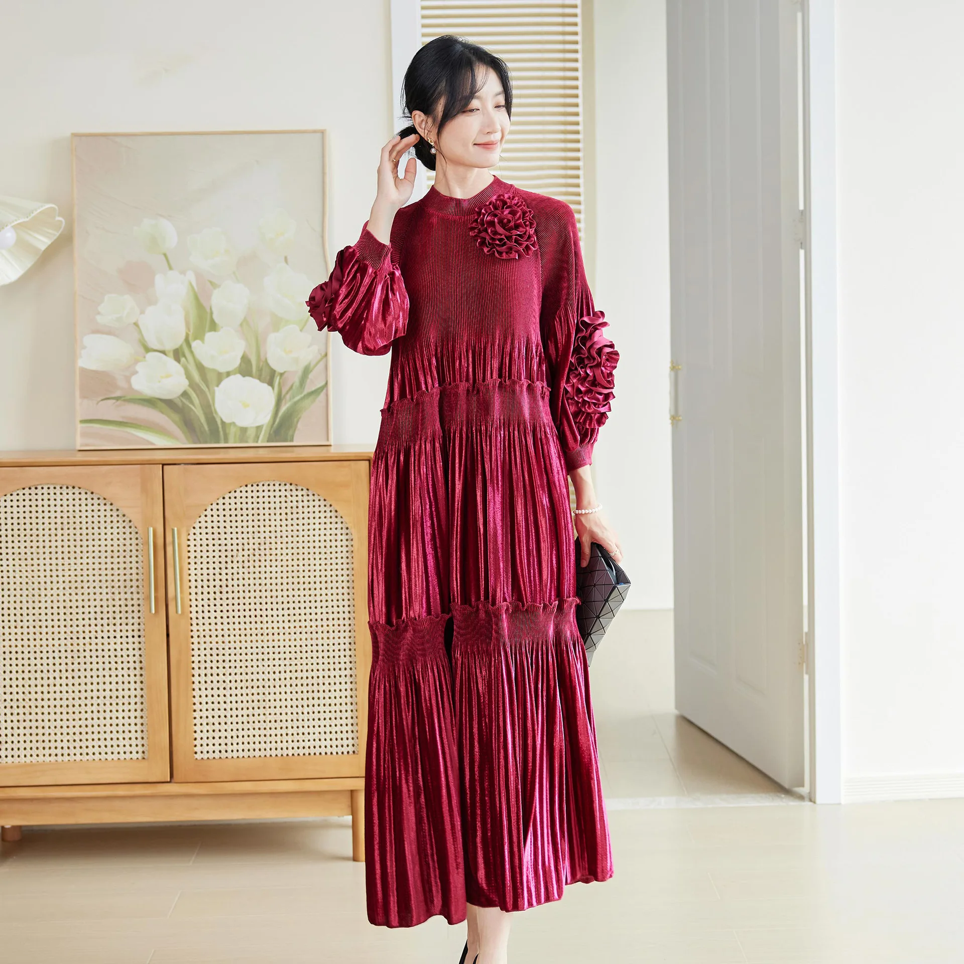 Vestido Largo Con Dobladillo Plisado Y Escote Con Muescas Para Mujer, Rojo -, XS