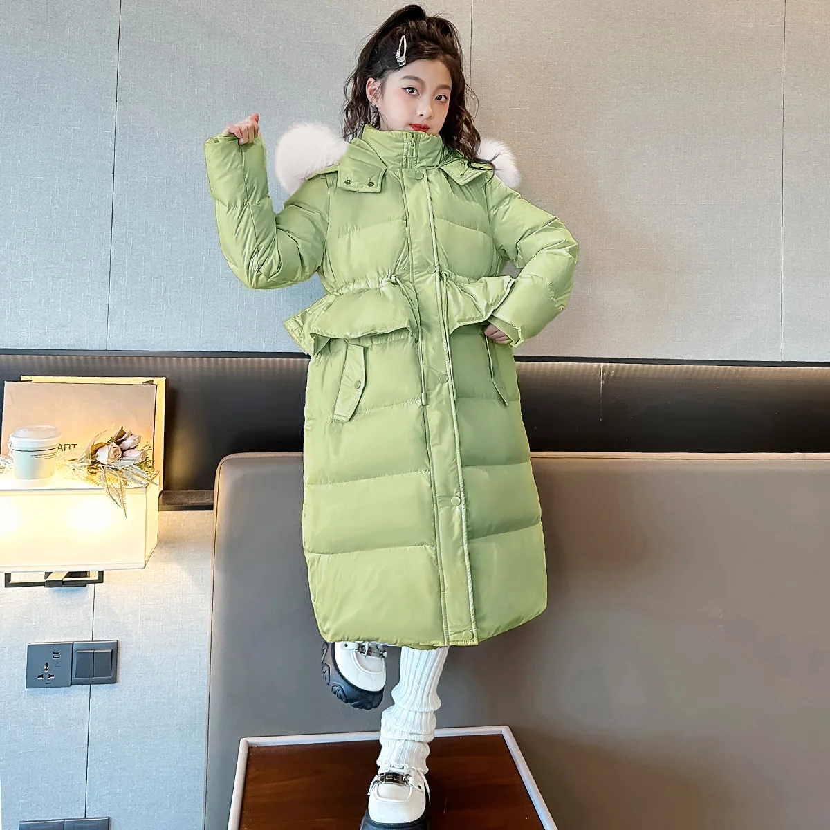 

Winter Girls Down Cotton Coat Thick Warm Children Hooded Outerwear Parkas Teen Clothes Fashion Kids Ruffles Waist Long Jackets