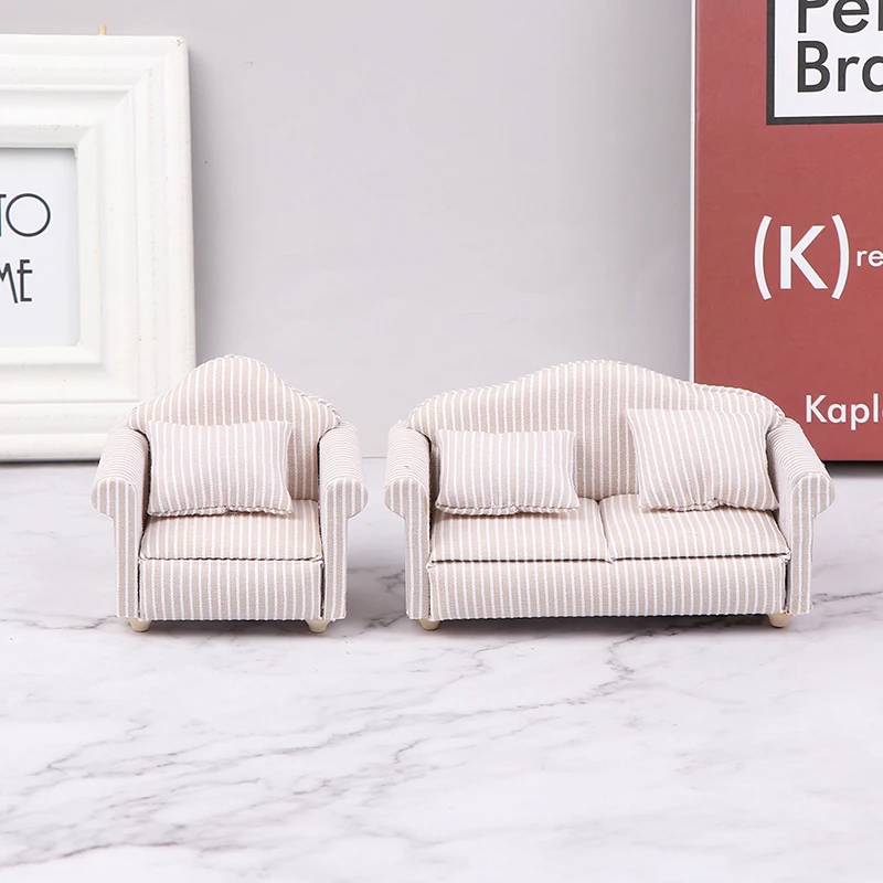 Miniature Dollhouse Sofa with Pillow - Pretend Play Living Room Decor