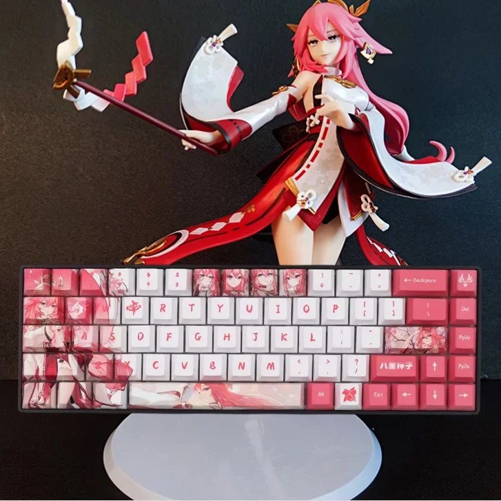 

Genshin Impact Yae Miko Keycap PBT 132 шт. розовые белые колпачки для клавиш с вишневым профилем индивидуальная механическая клавиатура краситель Sub