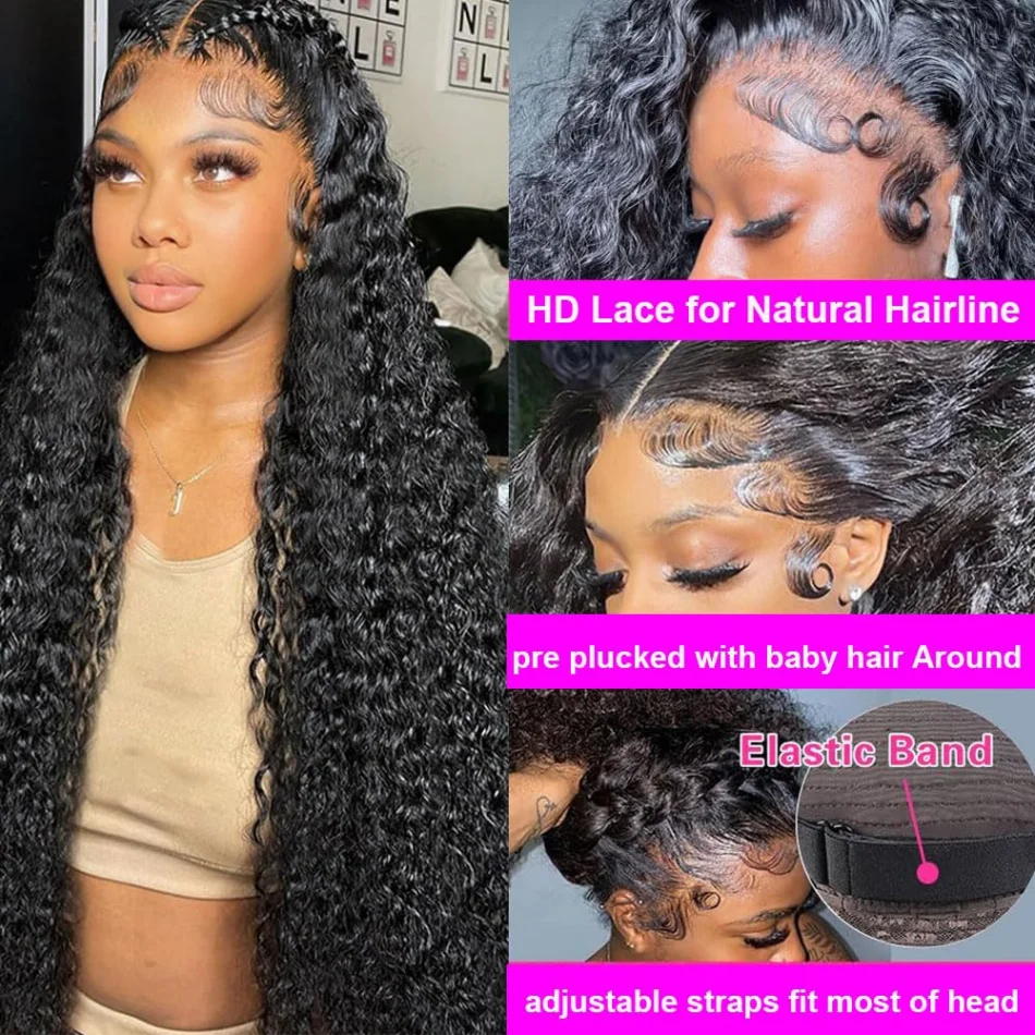 13X6 Hd Lace Frontal Wig Deep Wave Human Hair Wigs Curly Lace Front Wig Brazilian Natural Black 250 Density 40 Inch Pre Plucked