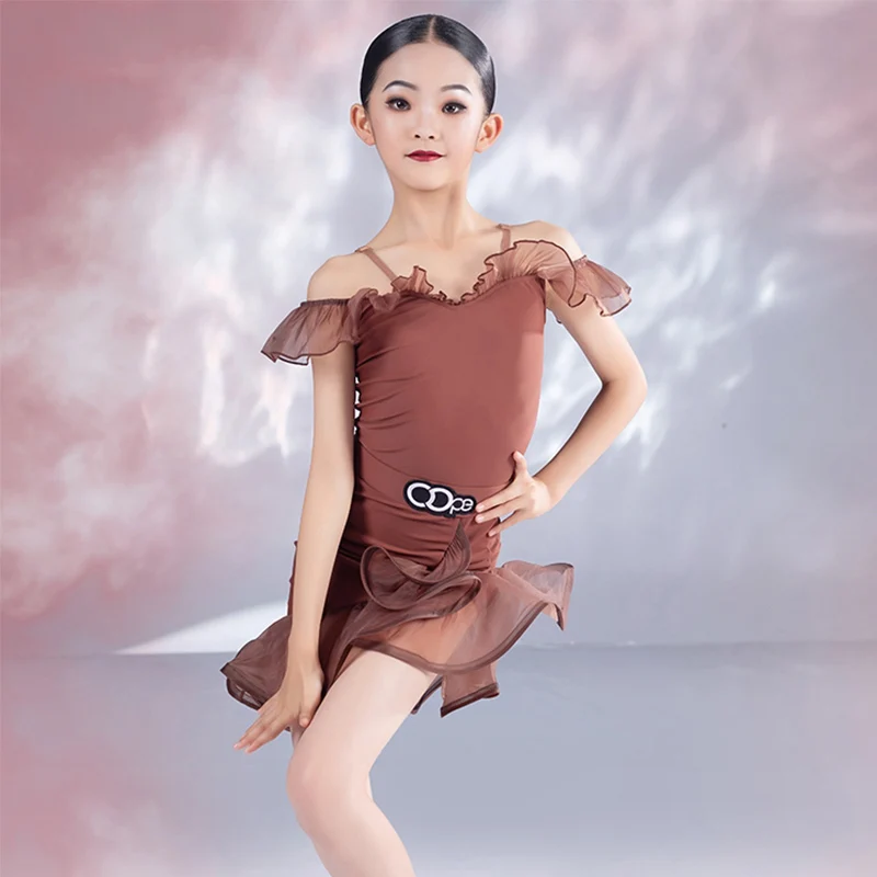 

New Girls Latin Dance Costume Off-Shoulder Bodysuit Skirt ChaCha Dancer Outfit Summer Practice Wear Samba Dancewear YS4918