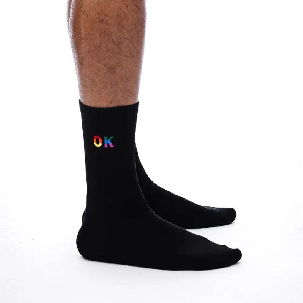 Men's Black and White Rainbow OK Pattern Embroidery Tall Tube Long Tube Thin Four Seasons Cotton Socks Sports Socks
