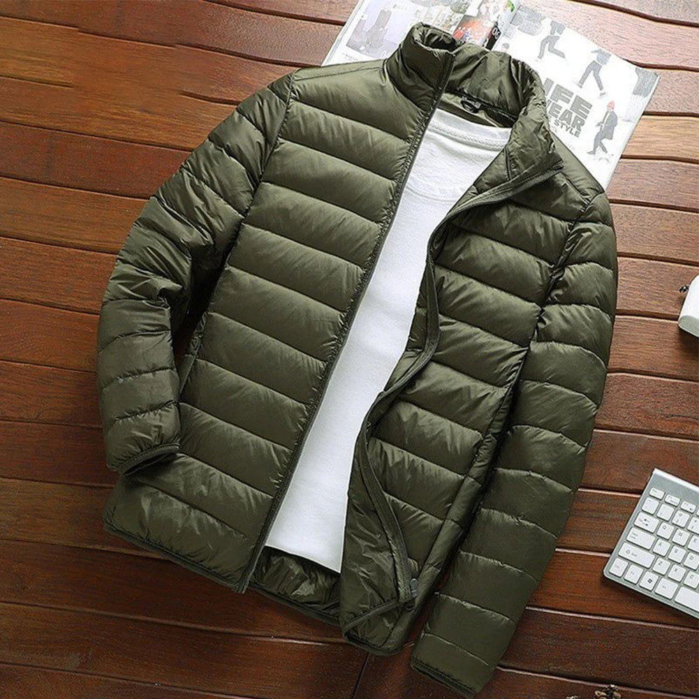 Fashion Men's Ultra Light Parkas Cotton Jacket Stand Collar Zip-up Solid Color Long Sleeve Parka Tops Coat Man Clothing