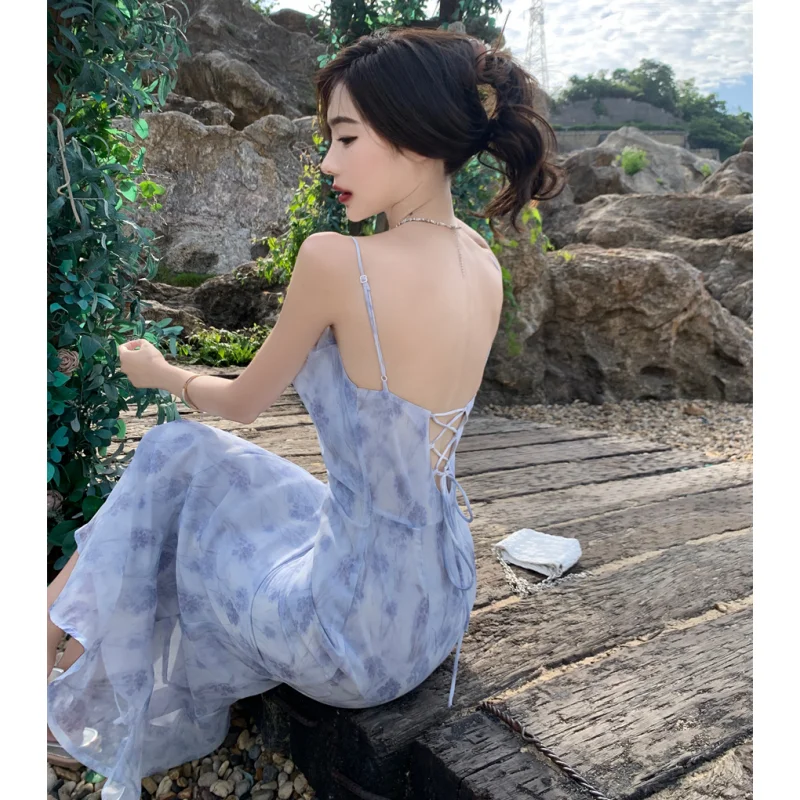 

2024 Women's Wear Dress Gentle High Waist Blue Temperament Korean Fashion Printing Sling Long Dress Solid NEW Summer Skirts