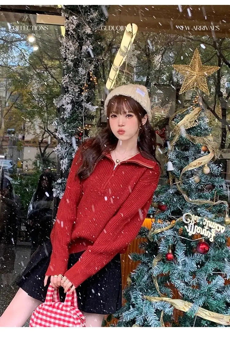 Half-zip Sweater for Women in Autumn and Winter New Year Red Knitted Bottoming Shirt with High Collar Knitted Top and Trendy 27 S91a210161b0e4329bbe42fa2ede9c119U