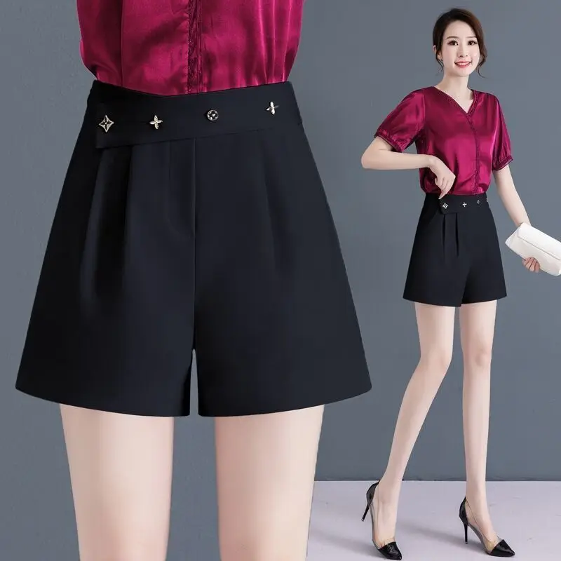 Summer New High Waist Loose Versatile Wide Leg Suit Shorts Women Solid Button Patchwork Pockets Fashion Korean Straight Shorts