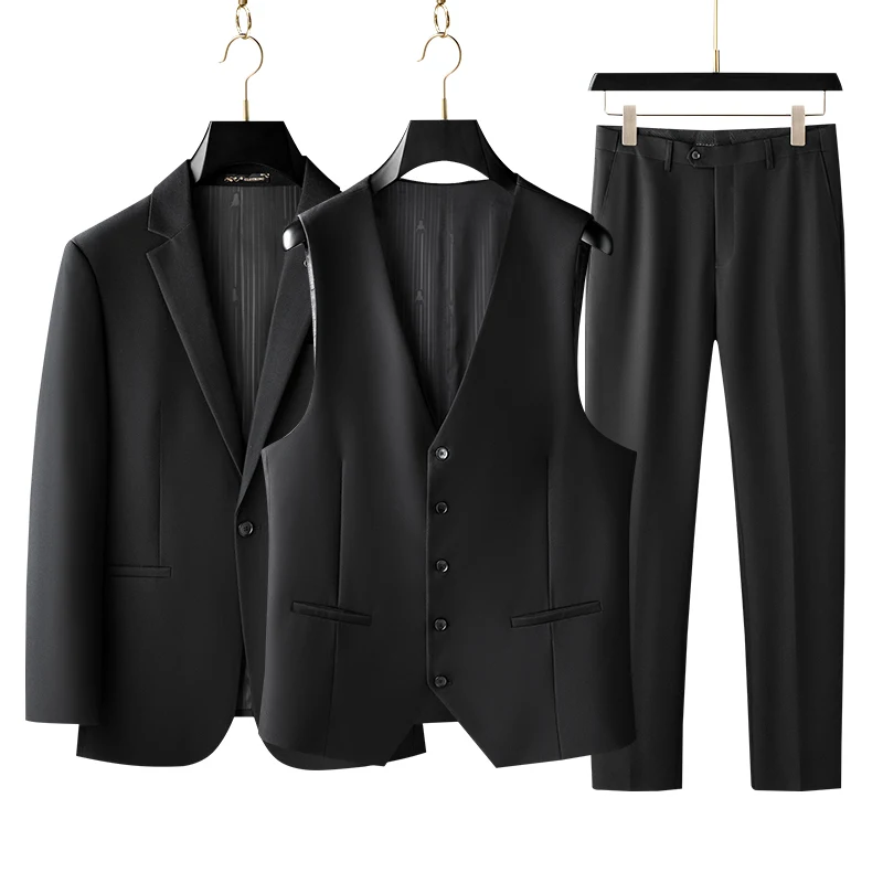 

Мужской однотонный костюм большого размера, черный (костюм + жилет + брюки), деловой Повседневный приталенный костюм для работы, свадебное платье для жениха, 3 комплекта, 2024