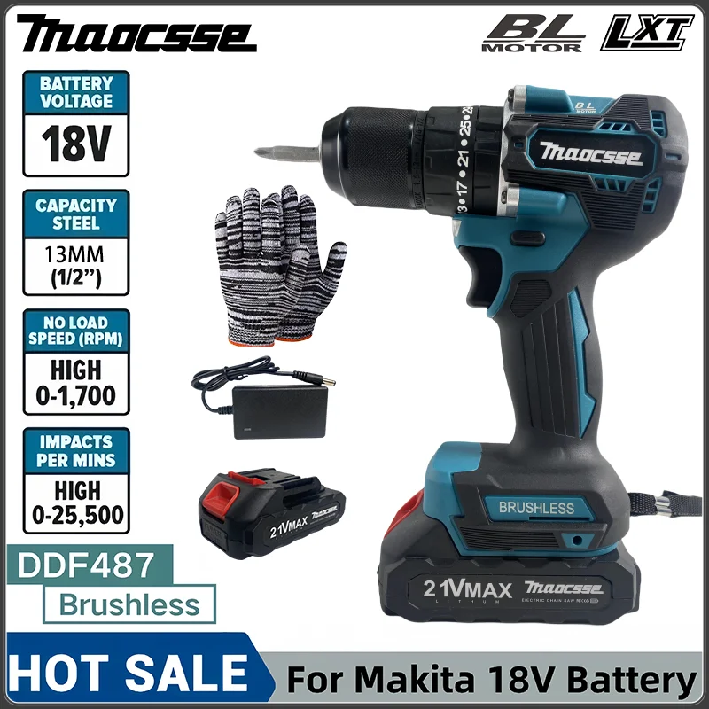 13MM Caliber DDF487 18V brushless electric drill, suitable for impact drill of decoration team Suitable for Makita 18V battery ddf487 18v brushless electric drill suitable for five rope impact drill of decoration team uses suitable for makita 18v battery