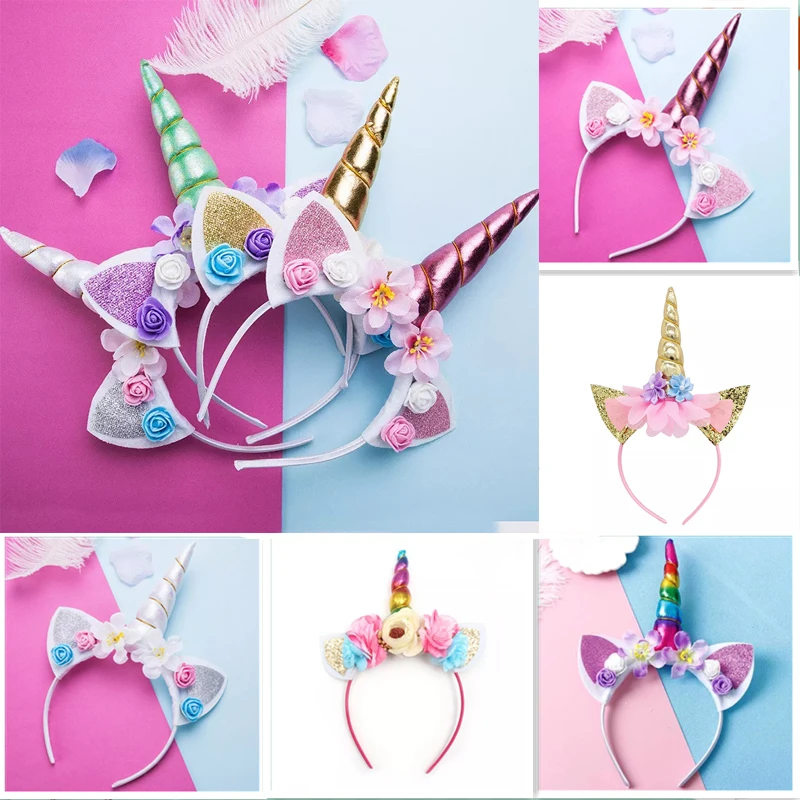 New Cute Women Kids Headband Sweet Flower Unicorn Horn Hair Band Birthday Party Flower Floral Crown Headwear