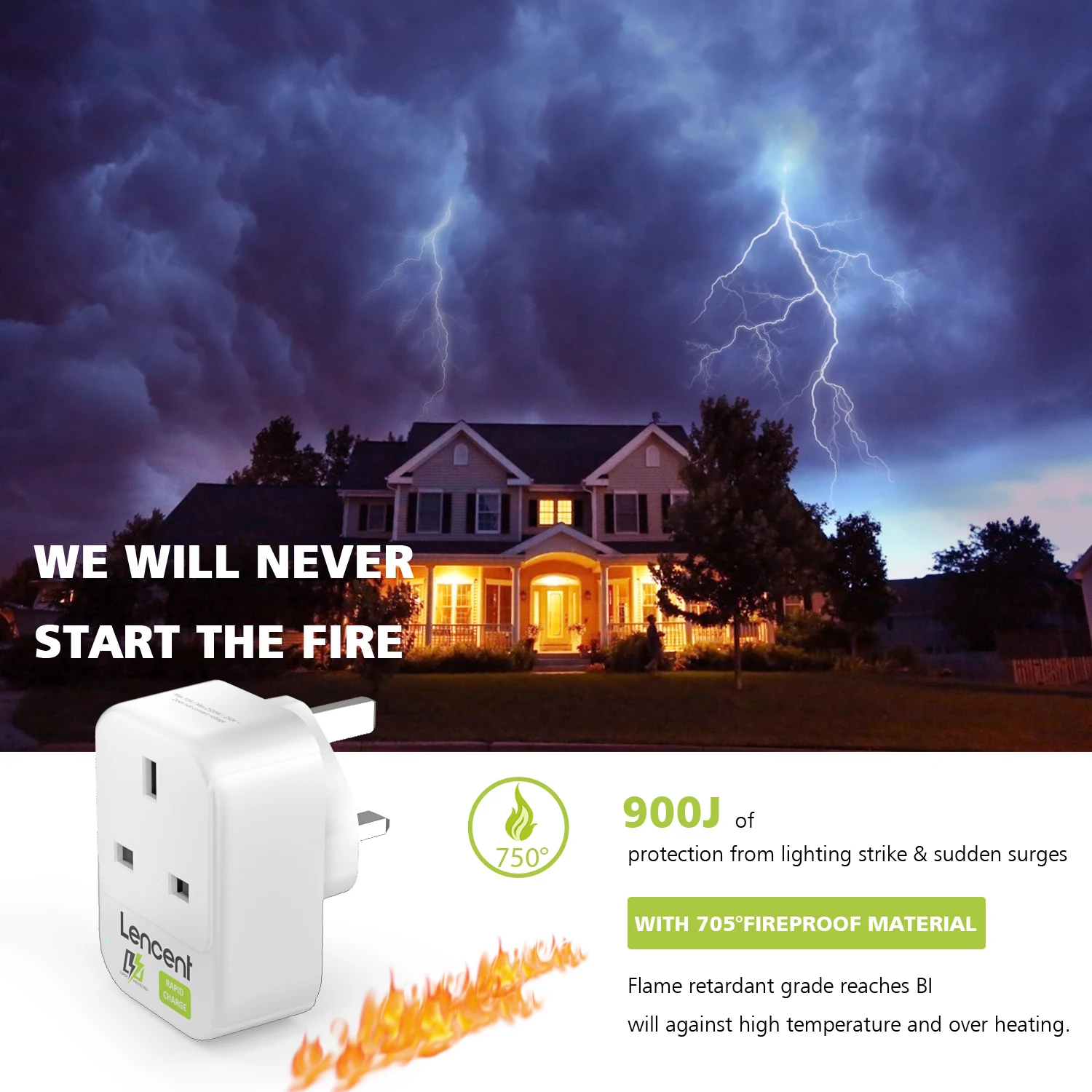 LENCENT UK Plug Outlet Expander Wall USB Charger with 1 AC Outlet 3 USB Ports Travel Adapter 4-in-1 UK Plug Power 3250W