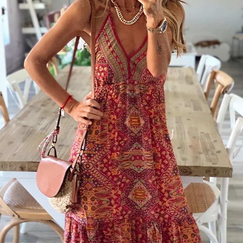

2024 Spring Summer Women's Clothing Sexy V-neck Brace Holiday Floral Print Dress Temperament And Fashion