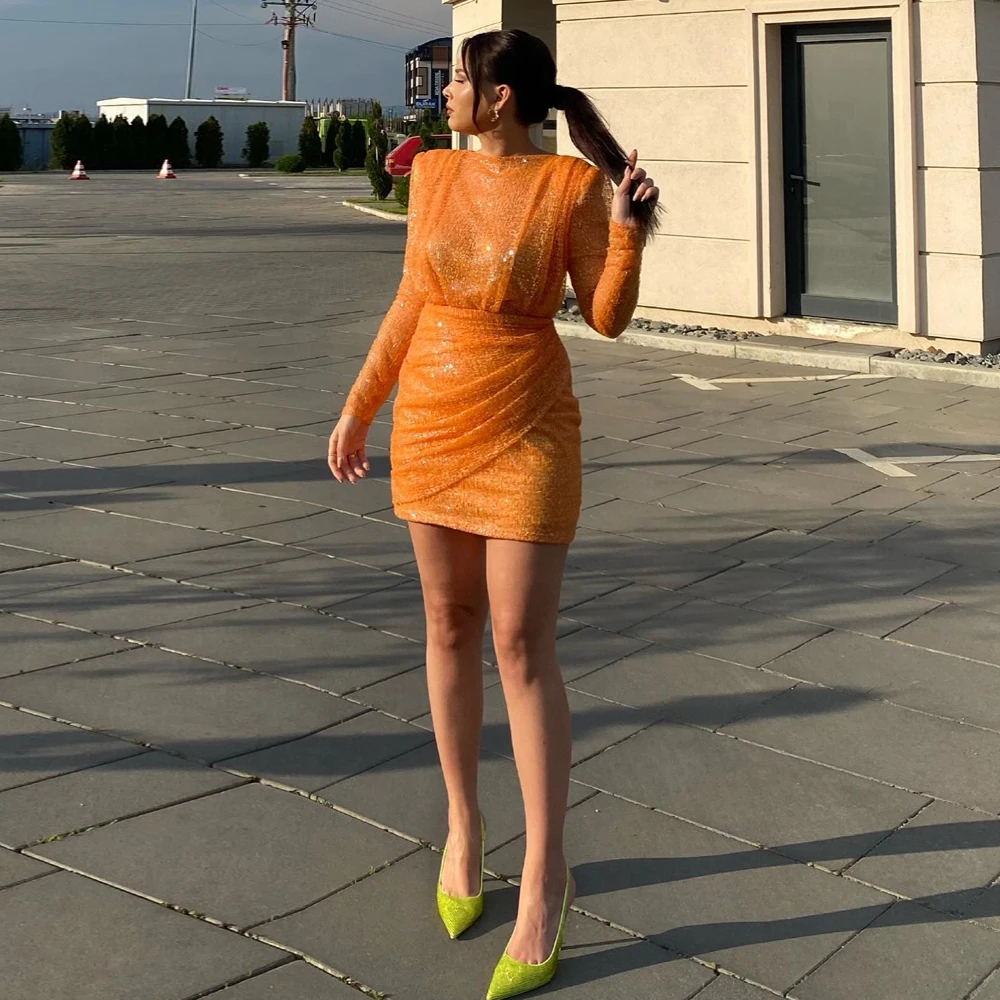 

Exquisite Orange Cocktail Dresses O Neck Long Sleeves Prom Occasion Gowns Beading Above Knee Length Mermaid 2024 فساتين السهرة