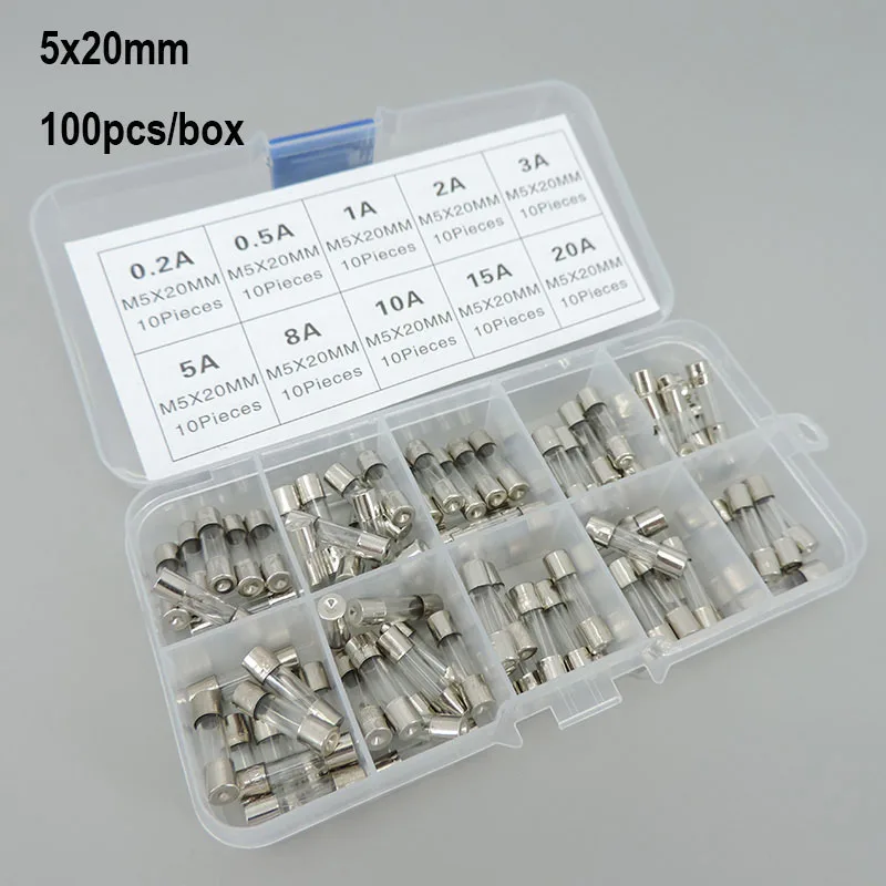 

100Pcs/box Set 5x20mm Quick Blow Glass Tube Fuse Assorted Kit Fast-blow Fuses 0.2a 0.5a 1a 2a 3a 5a 10a 15a 20a amp m5x20 r1