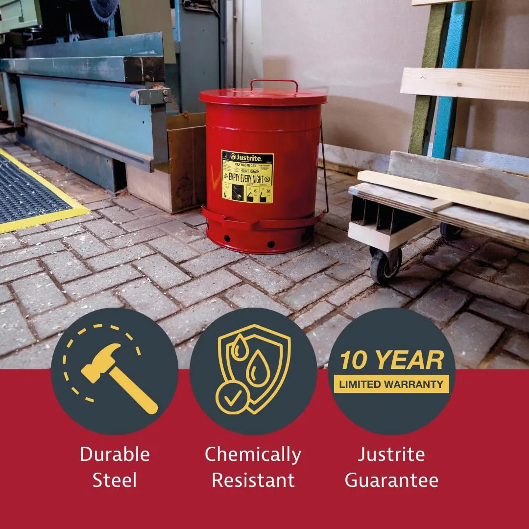 10 Gallon Galvanized Steel Oily Waste Can, 18" x 14" Metal Oil Rag Safety Can With Foot Operated Self-Closing Lid for Oil Rag