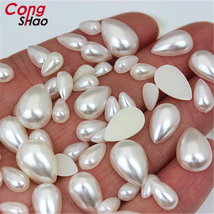 Cong Shao 100 Stück 6 x 10/8 x 13/10 x 14 mm elfenbeinfarbene Tropfenperlen mit flacher Rückseite, Strassperlen, Wasserimitat, Scrapbooking, ZZ212