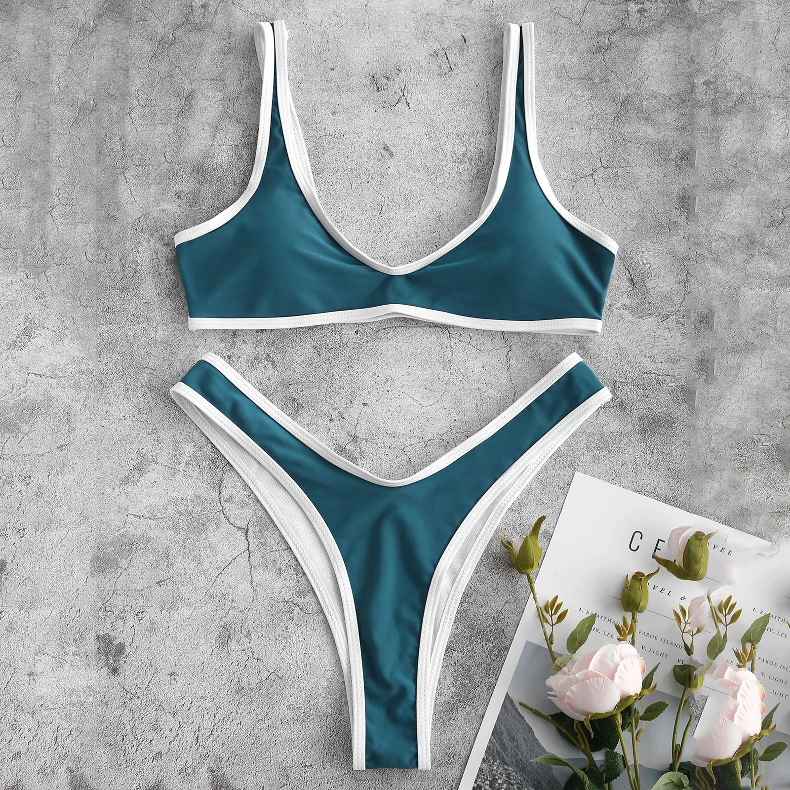 Halter swimsuit with contrast piping - Women's fashion