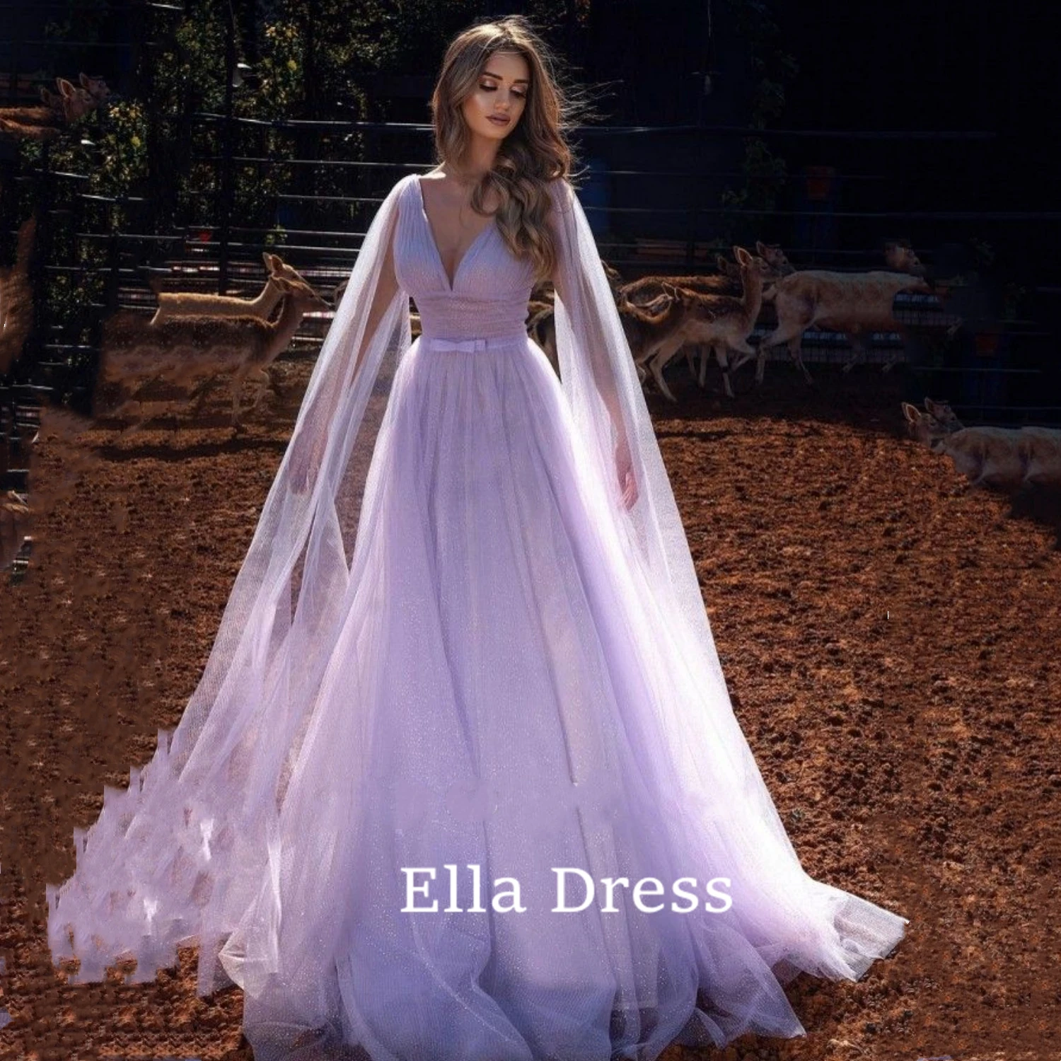 

Ella Cape Sleeve V Neck Glitter Ball Gown Sparkling Tulle A Line Dinner Wedding Party Dress Long Formal Dresses for Prom Evening