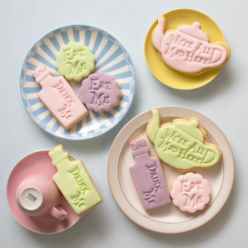 Description Picture 2 of itemEat Me Cake Cutter Alice In Wonderland Crazy Teapot Drink Me Treat Dessert Quotes Mad Clay Cookie Cake Tools