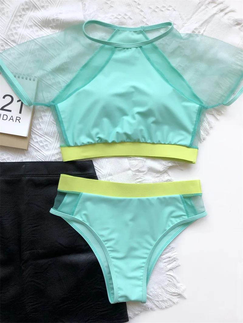 Short Sleeve Mesh Bandage Swimsuit High Waist Sexy Bikini Summer Beach High Quality Swimsuit Mujer Biquini