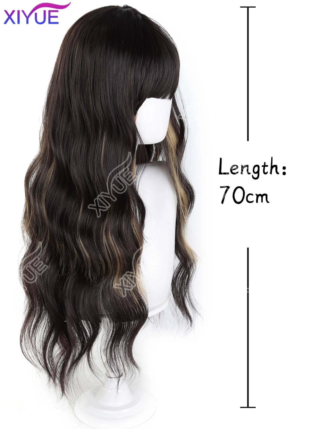 XIYUE Synthetic Dark Brown Wigs with Bangs,Brown Highlight Long Wavy Wig for Women Long Curly Hair Wig for Party Daily Use