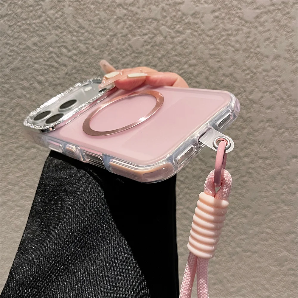 Elegant Transparent Magnetic Phone Case with Glitter Diamond Lens Frame and Lanyard Attachment