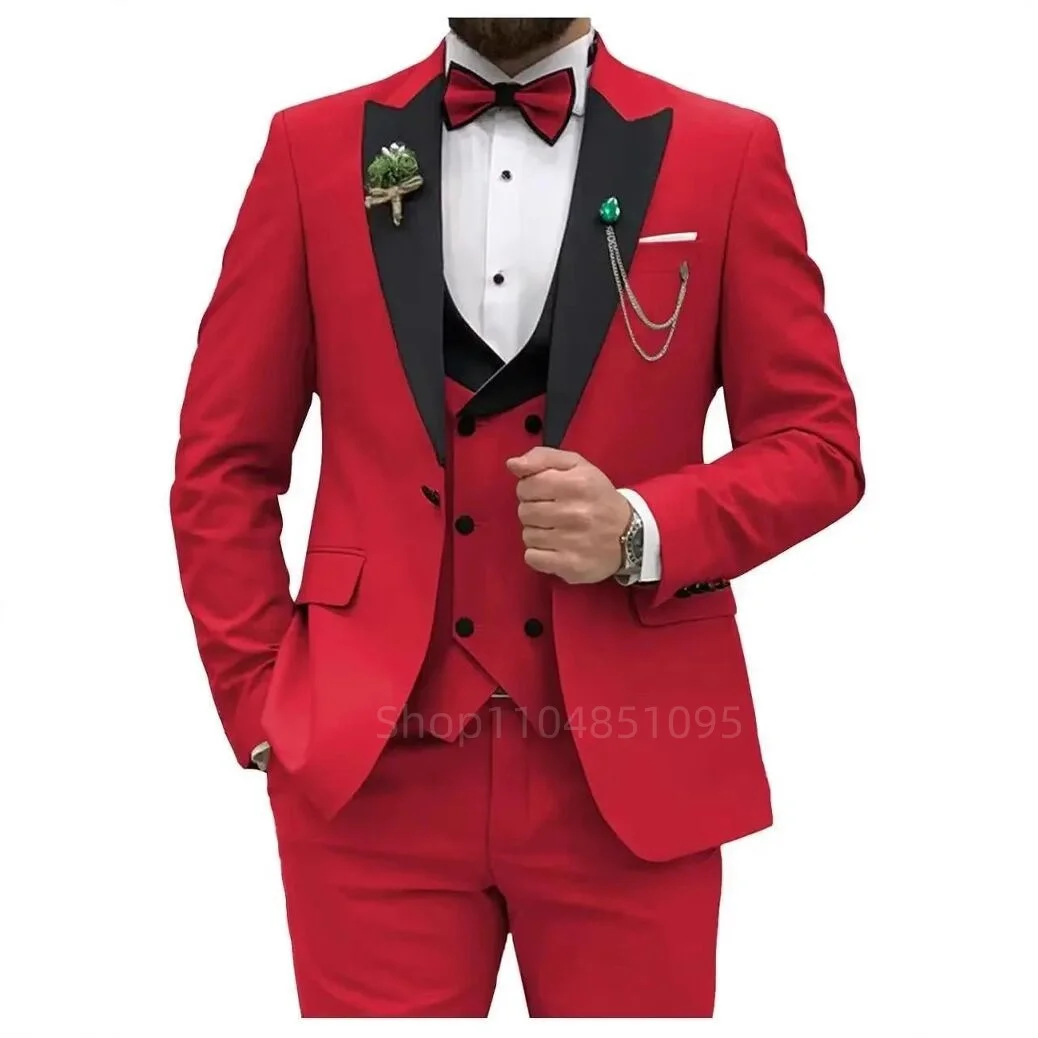 Slim Fit 3-Piece Men's Business Suit Set Formal Wedding Groom Tuxedo with Jacket Vest Pants for Casual Male Men Clothing