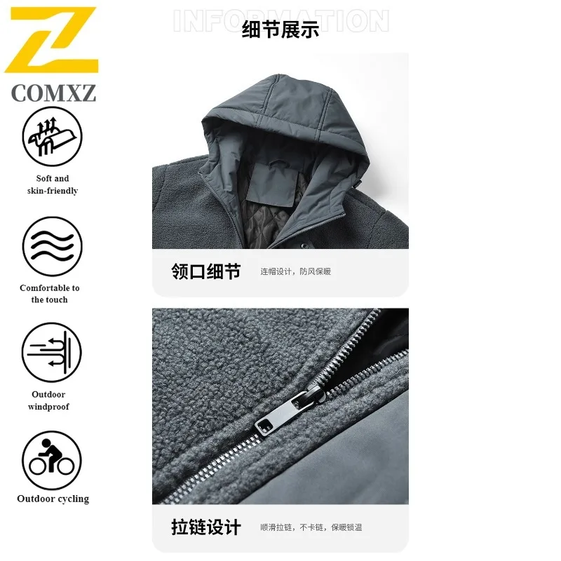 Autumn Winter Men's Hooded Jacket Zip-Up Style  Multiple pockets Loose Fit Thermal Waterproof Windproof Coat for Hiking Camping